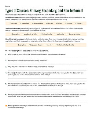 Worksheet illustrating the differences between primary, secondary, and non-historical sources for sixth graders
