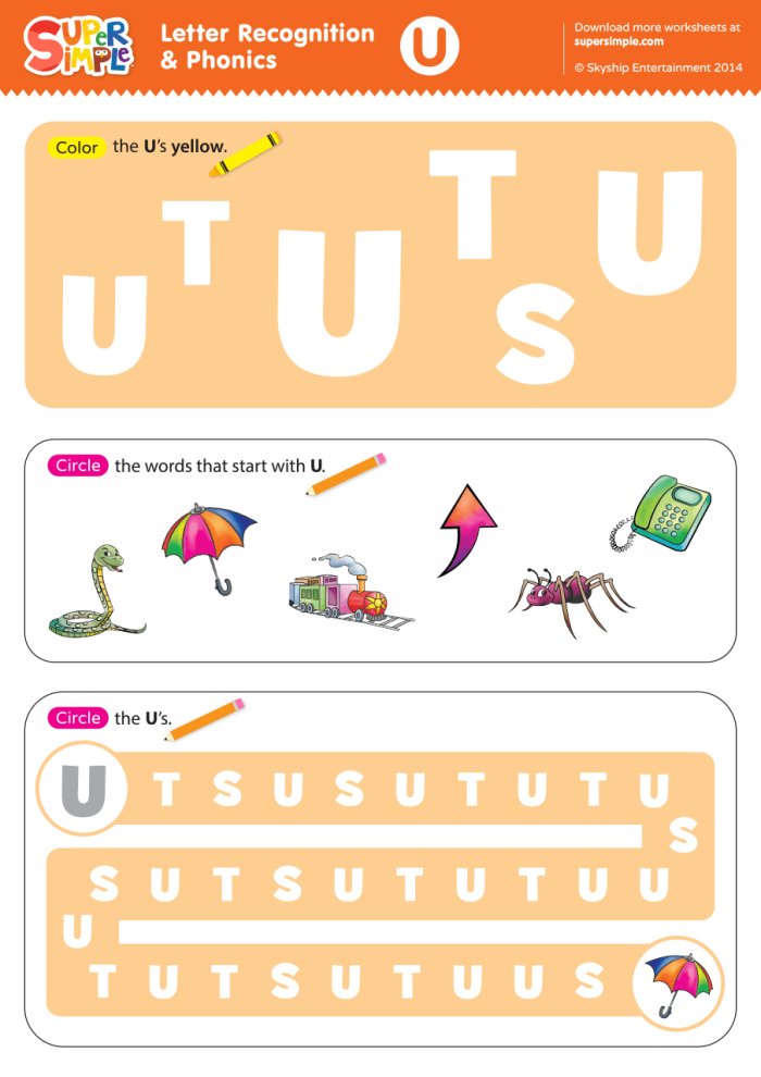 Engaging alphabet learning activity focusing on letter U for Pre-K children Colorful U Is For... worksheet designed for preschoolers to enhance their alphabet skills