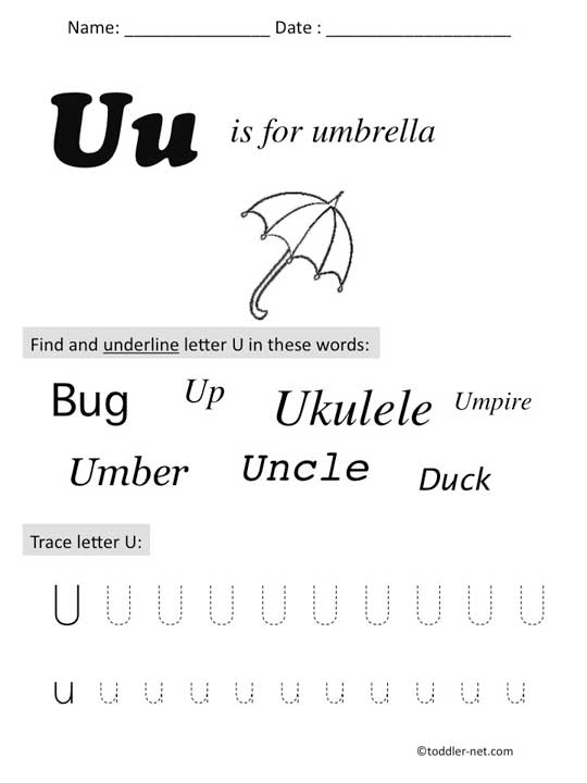 Grammar and Mechanics worksheet for Pre-K Colorful U Is For... worksheet designed for preschoolers to learn the alphabet and practice letter sounds. Engaging educational activity for Pre-K children to explore the letter U through coloring.