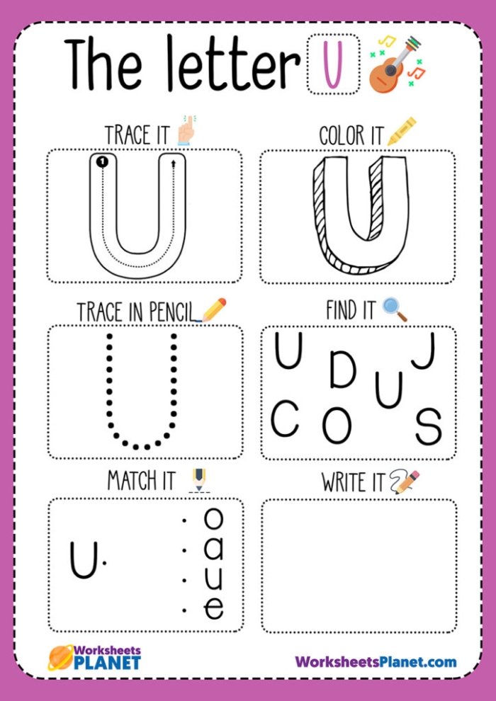 Fun U Is For... worksheet to enhance early literacy skills in Pre-K children Worksheet featuring the letter U for preschoolers to color and learn sounds