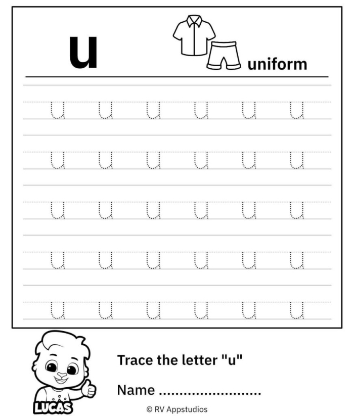 Engaging U Is For... worksheet designed for early literacy fun in Pre-K Colorful worksheet featuring the letter U for preschoolers to learn and color