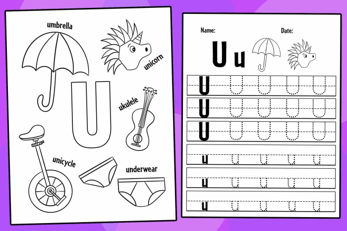Grammar and Mechanics worksheet for Pre-K Worksheet for preschoolers focusing on the letter U, featuring fun coloring activities. U Is For... worksheet designed to enhance letter recognition and sound practice for young learners.