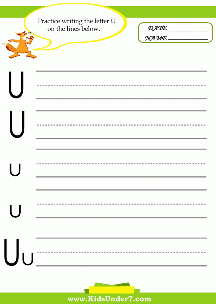 Engaging U Is For... worksheet to help young learners practice alphabet skills Colorful U Is For... worksheet for preschoolers to learn the letter U and its sounds