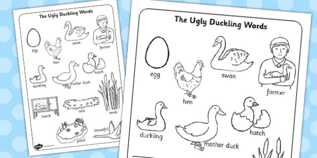 Worksheet featuring scenes from The Ugly Duckling story for comprehension practice