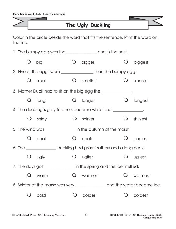 Illustration of "The Ugly Duckling" worksheet designed for first-grade readers