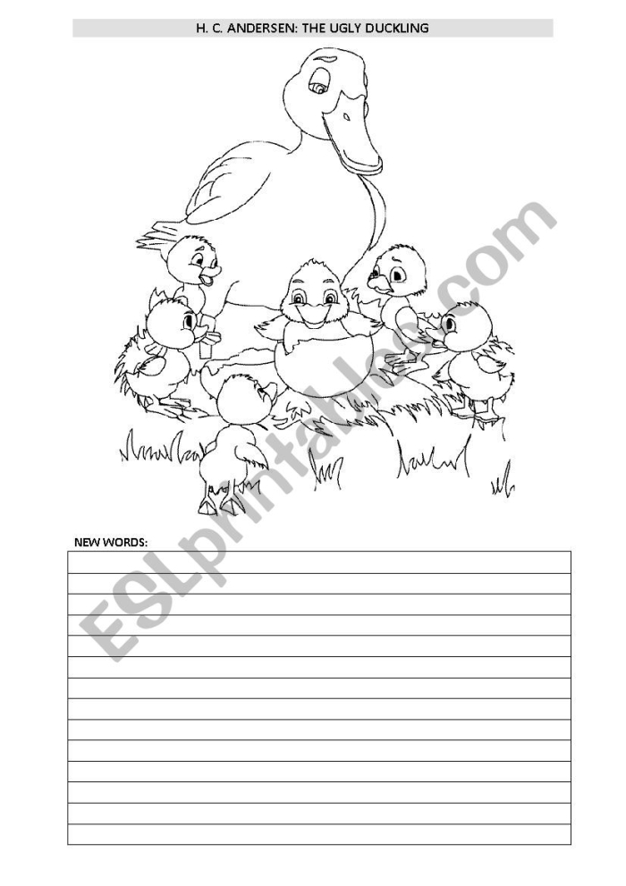 First grade student reading worksheet featuring The Ugly Duckling fable