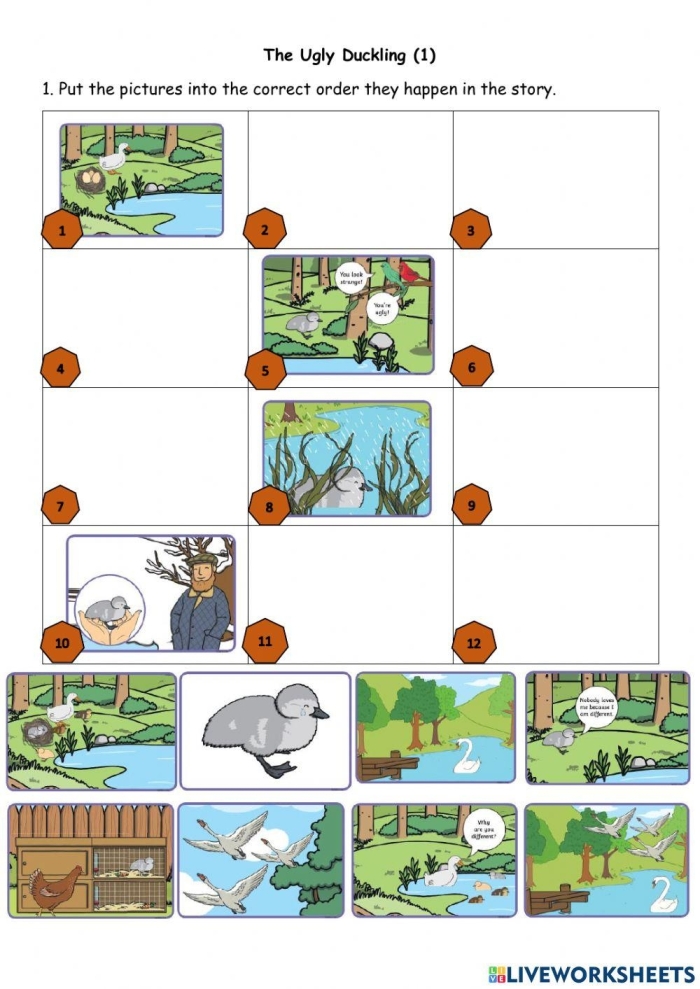 First grade reading worksheet featuring The Ugly Duckling fable for classroom practice