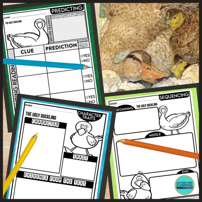 Worksheet for "The Ugly Duckling" story aimed at first graders to enhance reading skills. Engaging visual for the classic fable "The Ugly Duckling" worksheet for young readers.