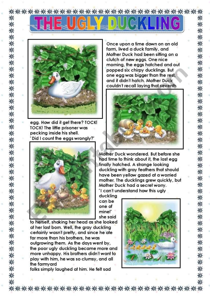Illustration of a first-grade worksheet featuring "The Ugly Duckling" fable for young readers