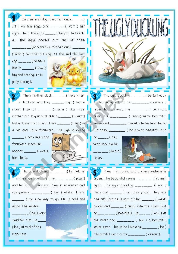 A colorful worksheet featuring "The Ugly Duckling" story for first graders to enhance their reading skills