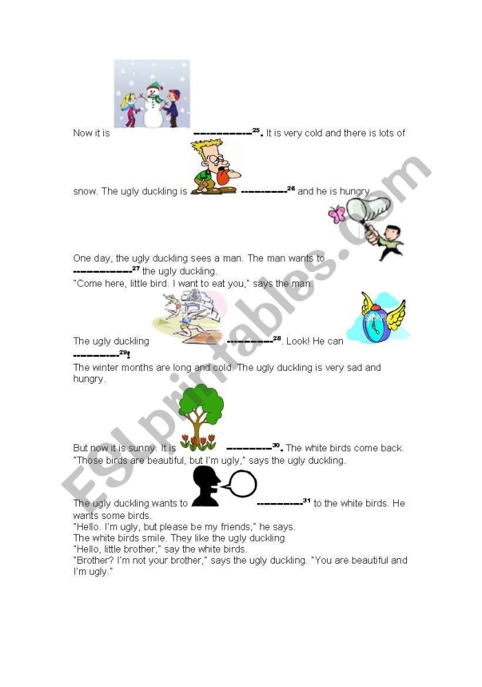 First grade reading worksheet featuring the classic fable The Ugly Duckling for classroom lessons