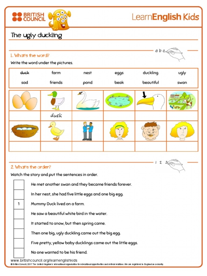 A worksheet featuring "The Ugly Duckling" story for first graders to enhance reading skills