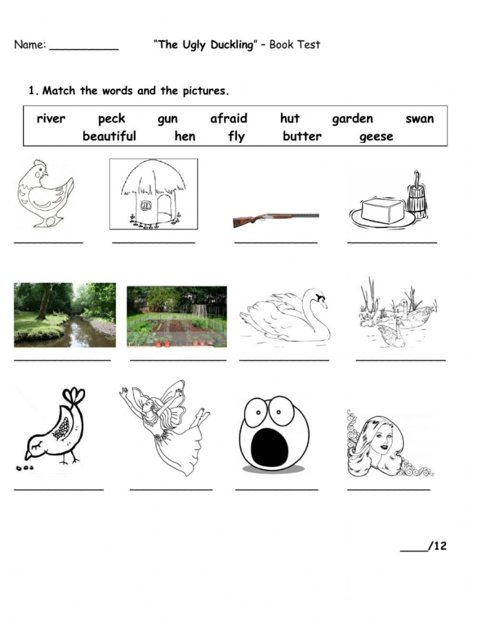 A colorful illustration of "The Ugly Duckling" worksheet designed for first graders to enhance reading skills