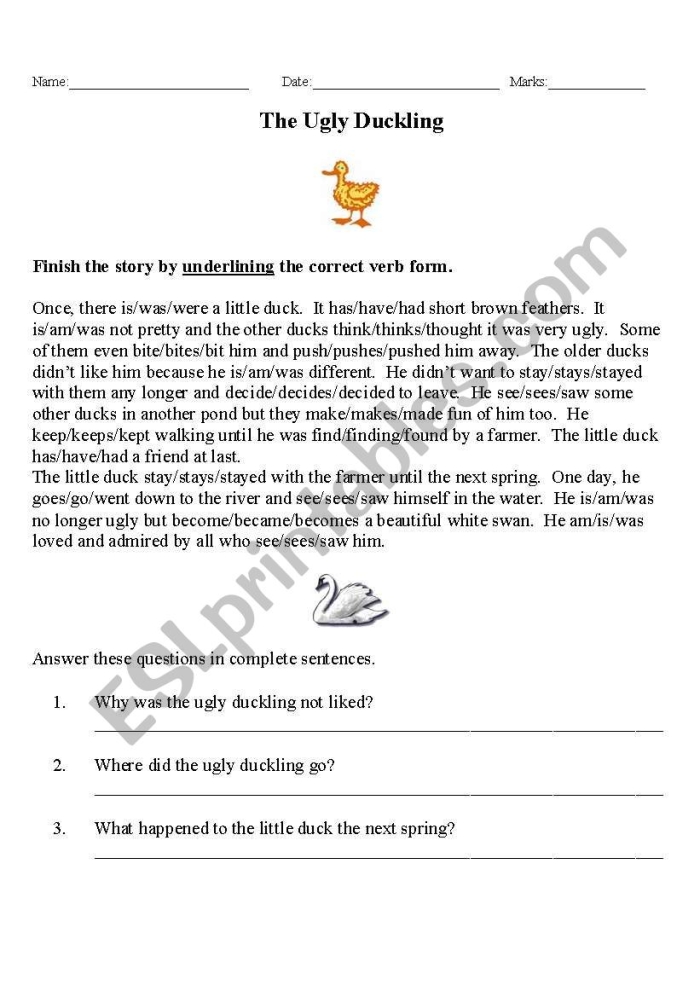 Worksheet for sequencing scenes from The Ugly Duckling story