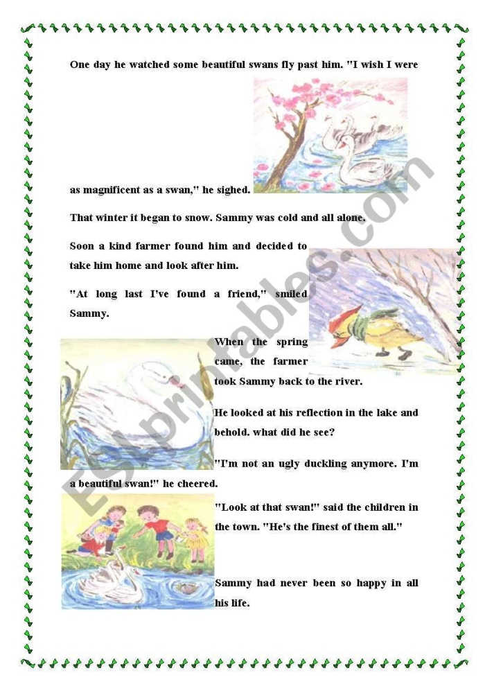 Worksheet image for The Ugly Duckling Story, showing scenes to arrange for comprehension practice