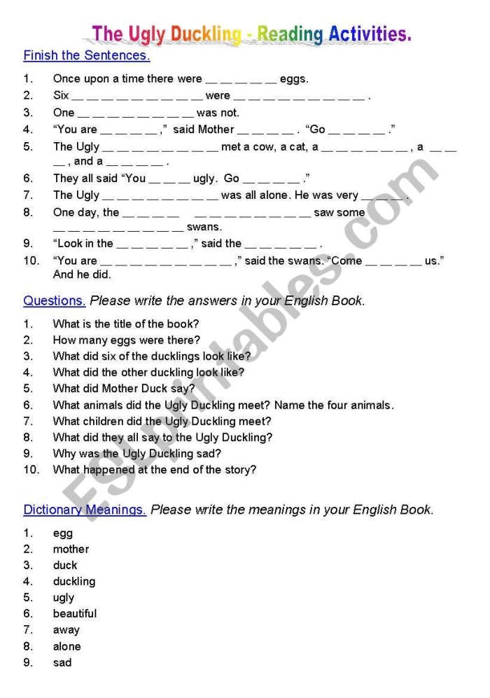 Worksheet illustrating scenes from The Ugly Duckling story for comprehension practice