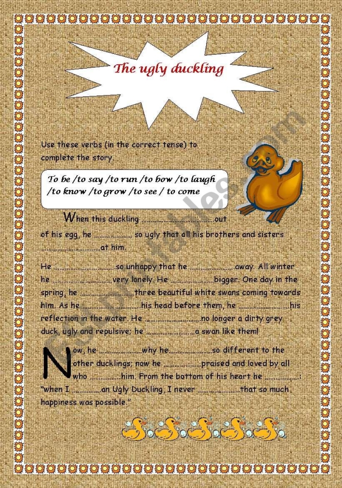 Worksheet image for The Ugly Duckling story comprehension activity
