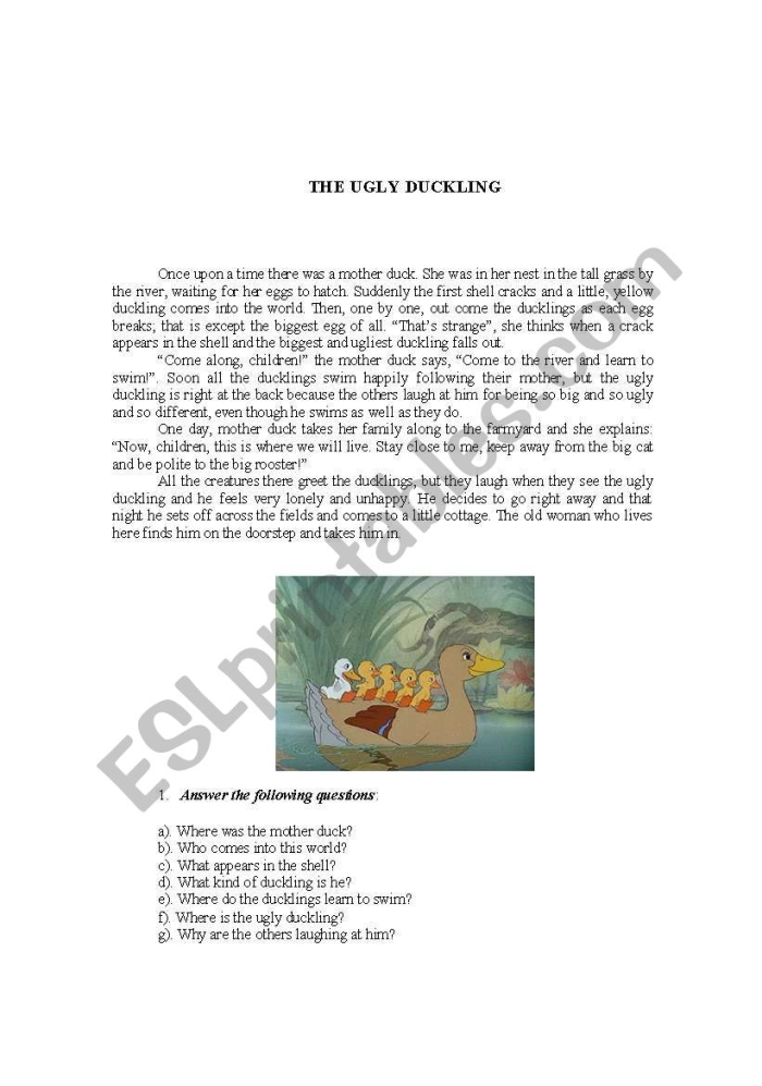 Worksheet featuring scenes from The Ugly Duckling story for comprehension practice