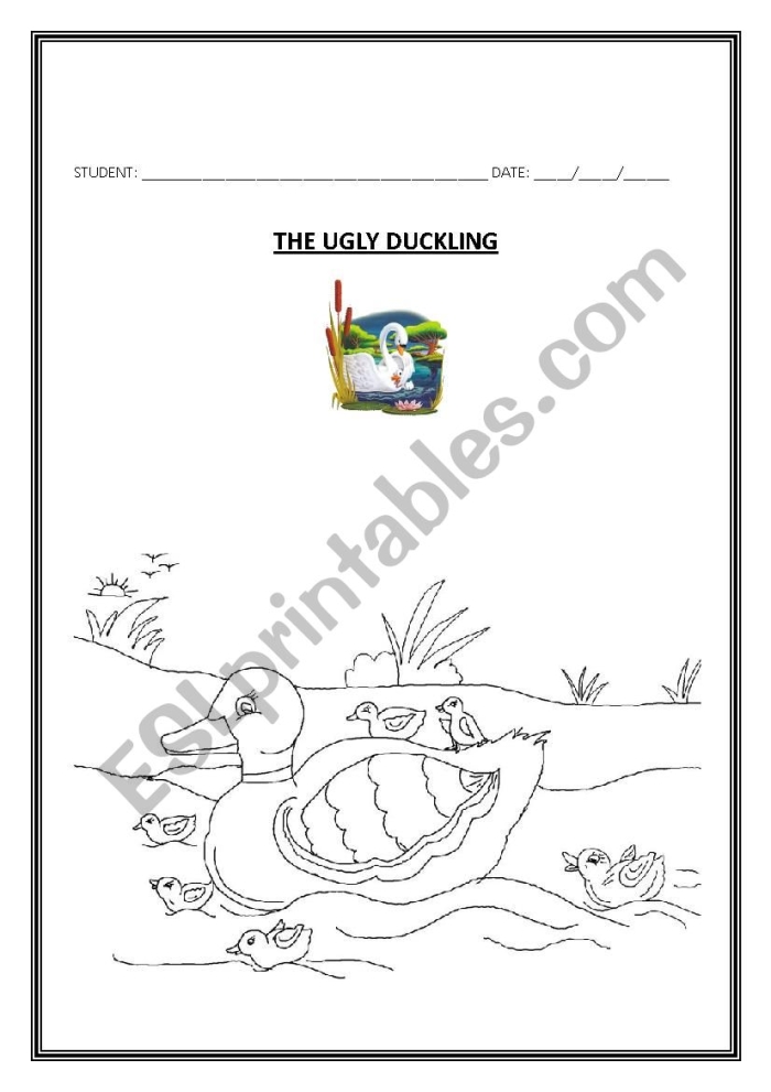 A colorful worksheet featuring scenes from The Ugly Duckling story for first graders