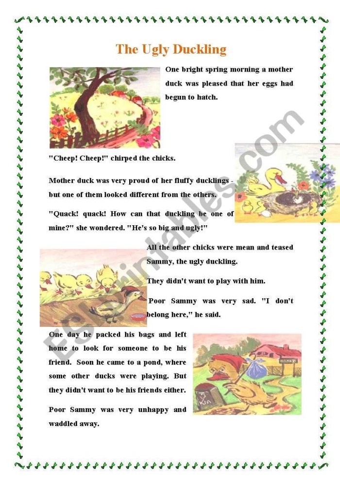Worksheet featuring scenes from The Ugly Duckling story for comprehension practice