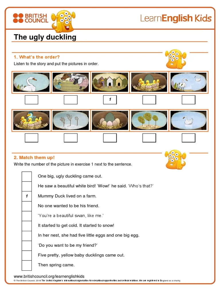 Worksheet featuring scenes from The Ugly Duckling story for comprehension practice