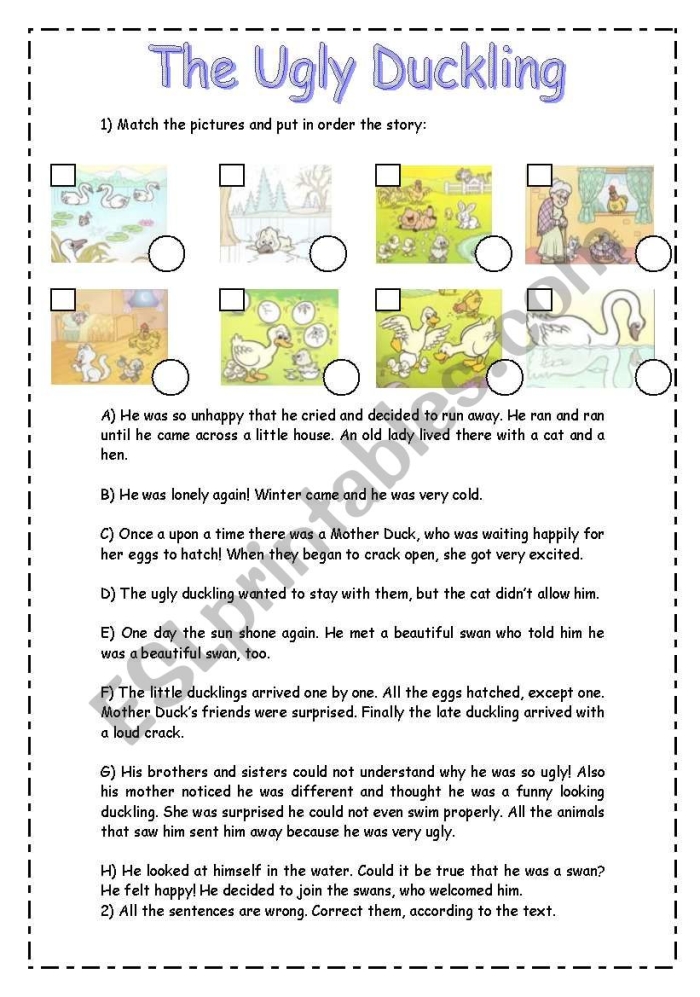 Worksheet featuring scenes from The Ugly Duckling story for first graders