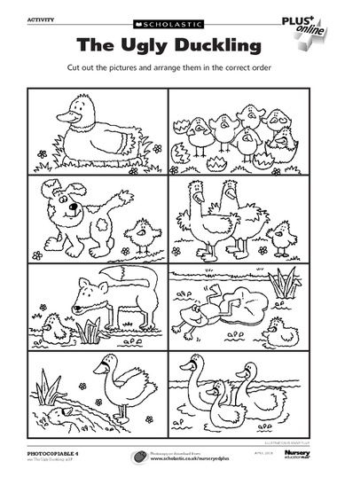Worksheet featuring scenes from The Ugly Duckling story for first graders
