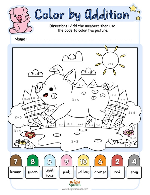 Kindergarten math worksheet showing colorful sea creatures with simple addition problems to solve and color