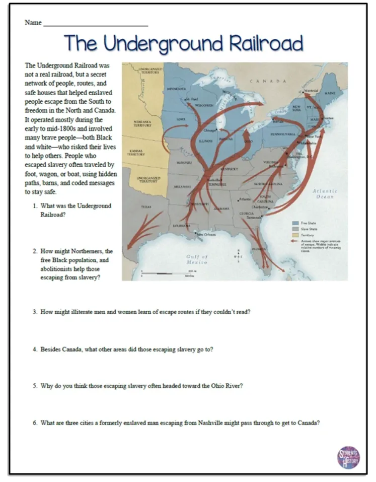 Worksheet focused on The Underground Railroad for fourth-grade addition practice. Educational resource illustrating the historic network that aided enslaved Americans in seeking freedom.