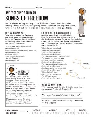 Children engaging with the Underground Railroad: Songs of Freedom worksheet, exploring historical music. Educational worksheet focusing on songs that inspired hope for those fleeing slavery.
