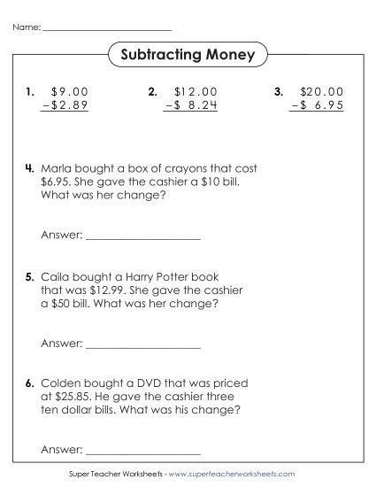 Second grade math worksheet featuring money word problems for addition practice