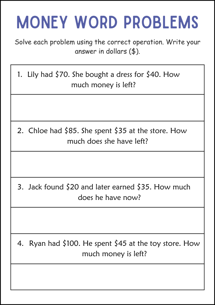 Understanding Word Problems: Money worksheet for Second Grade