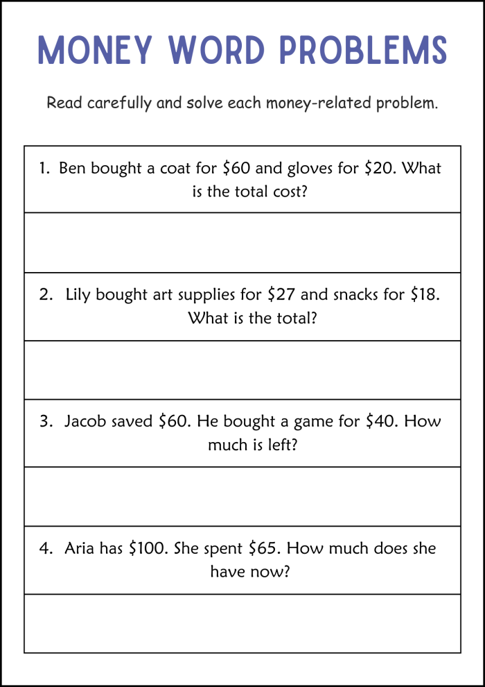Understanding Word Problems: Money worksheet for Second Grade