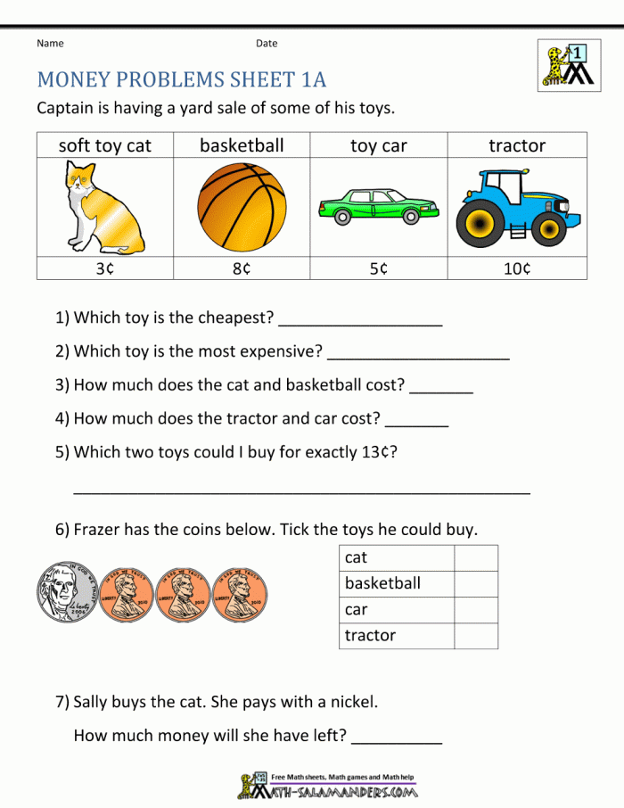 Understanding Word Problems: Money worksheet for Second Grade