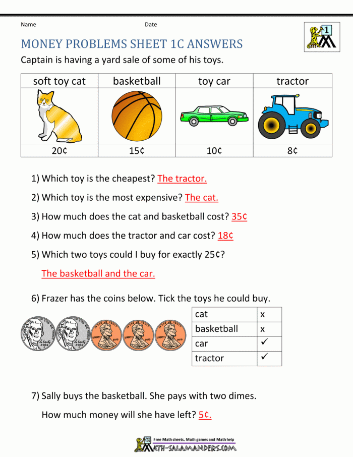 Second grade math worksheet focusing on solving addition word problems involving money