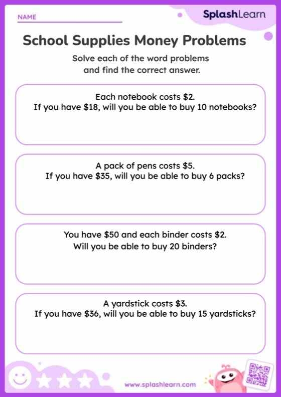 Second grade math worksheet featuring addition word problems involving money to build reading and arithmetic skills.