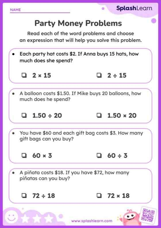 Understanding Word Problems: Money worksheet for Second Grade