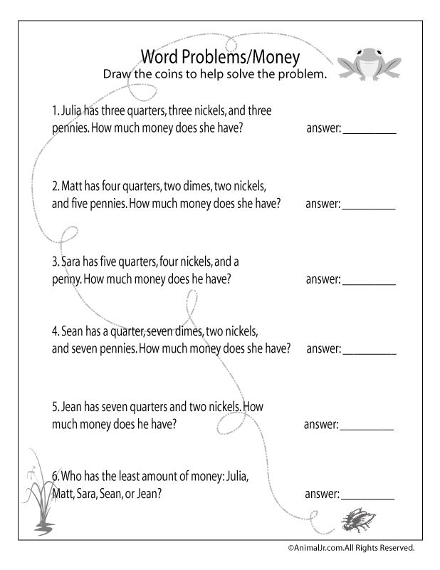 Second grade student solving addition money word problems on a printable math worksheet