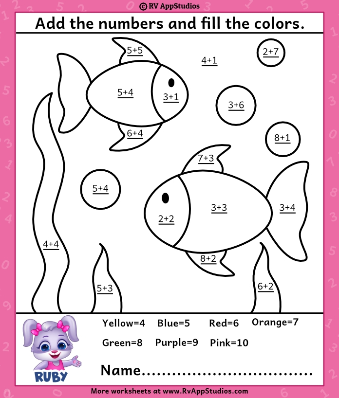 Underwater Scene Addition Color by Number Worksheet 14 First grade underwater addition color by number worksheet featuring marine life