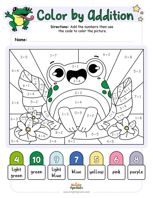 Addition Color by Number Underwater Scene Worksheet for First Grade 10 First grade student working on an underwater themed addition color by number math worksheet