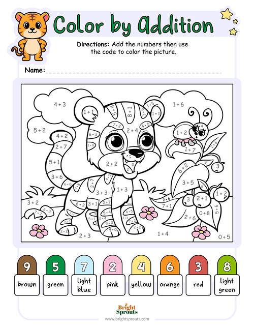 Colorful underwater addition activity for young learners with numbered sections to solve and color First grade addition color by number worksheet featuring an underwater scene with fish and coral to color based on math answers