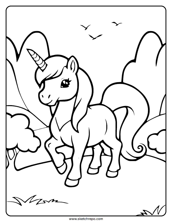 Coloring page featuring a beautiful unicorn for children to color