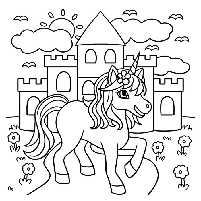 A colorful unicorn coloring page worksheet for preschoolers to enjoy