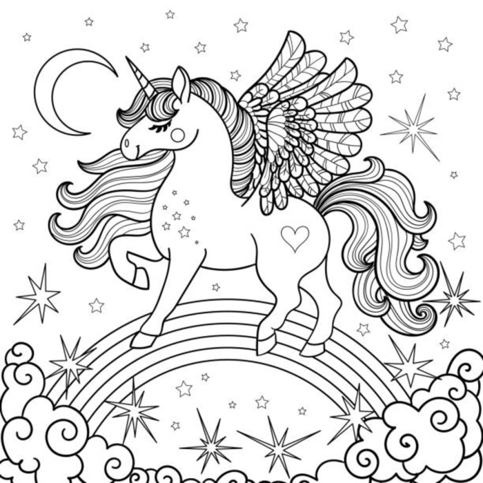 Pre-K unicorn coloring page worksheet for early reading practice