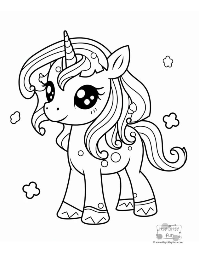 Unicorn coloring page worksheet for preschoolers featuring a beautiful unicorn design