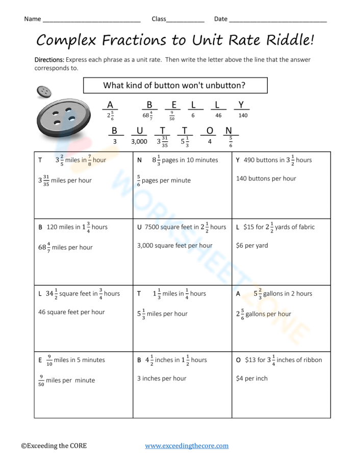 Seventh grade students solving unit rate problems with fractions on a practice worksheet