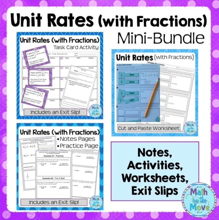 Seventh grade students solving unit rate problems with fractions on a practice worksheet with multiple calculation exercises