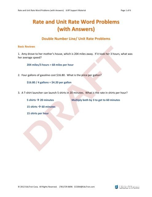 Unit Rate Word Problems worksheet for sixth graders featuring real-world scenarios