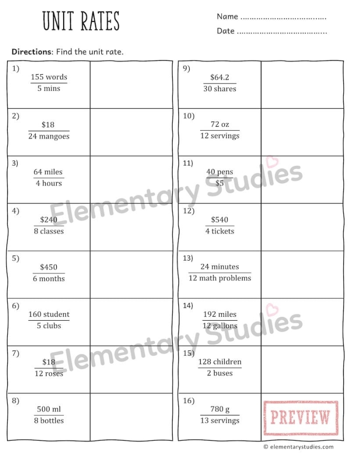 Unit Rate Word Problems worksheet for sixth graders, featuring real-world scenarios
