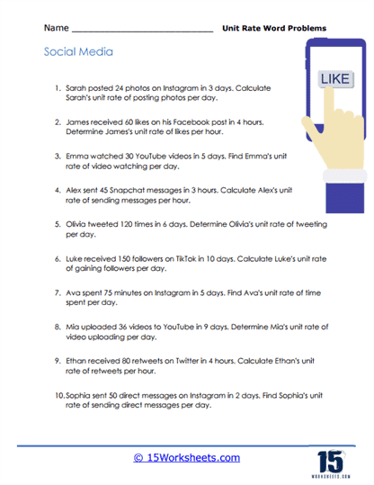 Worksheet featuring unit rate word problems for sixth graders to solve. Unit Rate Word Problems Worksheet for Data and Graphing in Sixth Grade